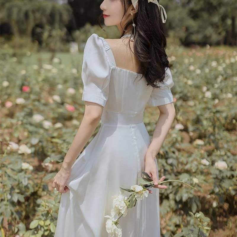 好货甜美法式初恋少女风小白y裙显显高气质白色方领连衣裙夏长裙
