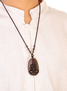 天然冰种黑曜石生肖本命年男属虎吊坠大日如来大势至佛珠项链