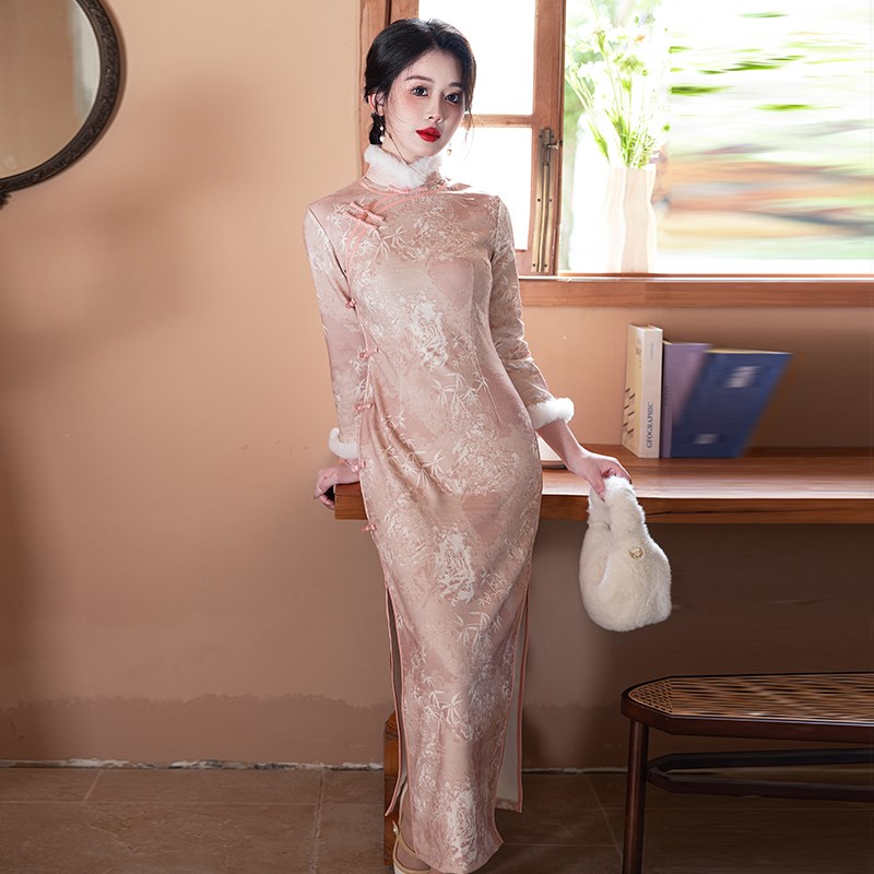 好货新中式旗袍女2025新款长袖改良年轻款粉色蕾丝加绒高端气质秋
