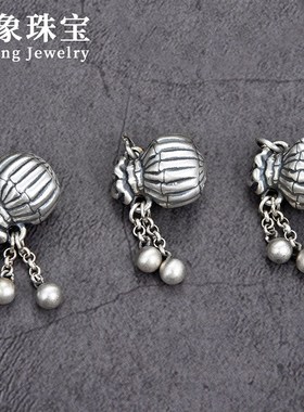 足银S990复古工艺银吊坠女款空心立体招财福袋钱袋子项链坠子配件