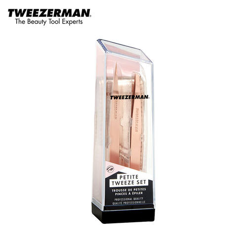 好货微之魅(tweezerman)玫瑰金斜头尖头镊子2件套修眉夹子黑头