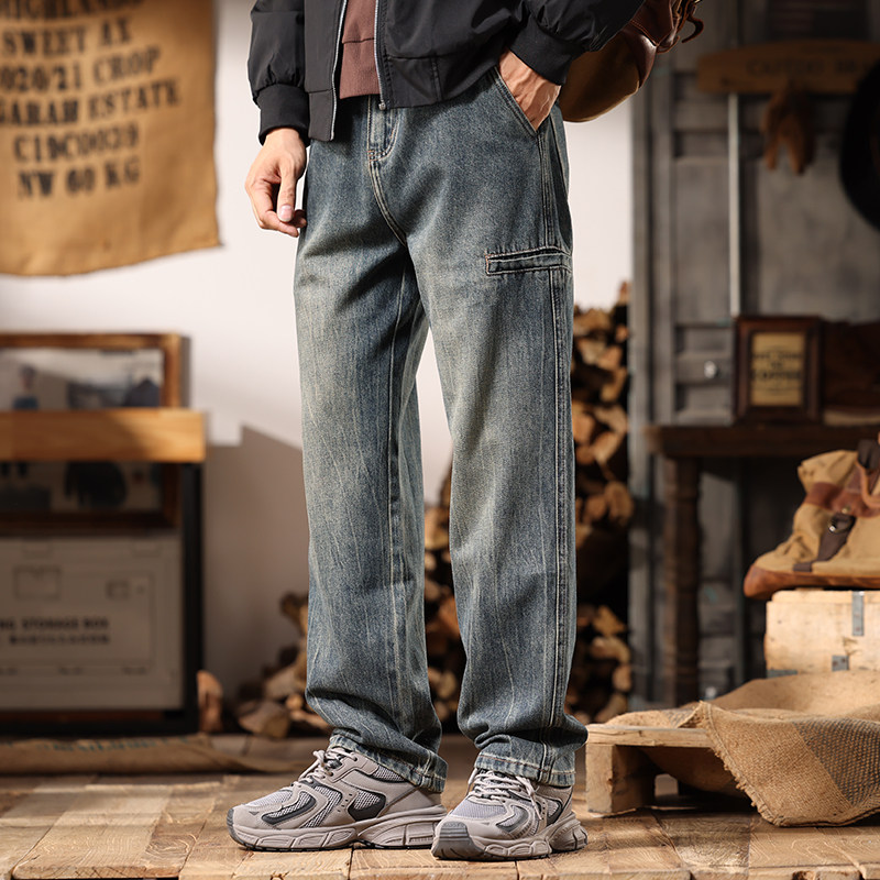 宽松直筒秋冬季牛仔裤男士美式潮牌复古2024新款水洗工装休闲裤子