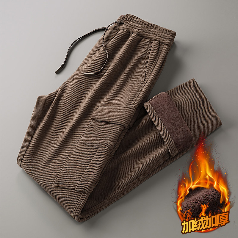 重磅奥利绒运动卫裤男秋冬款宽松美式直筒工装长裤加绒男士休闲裤