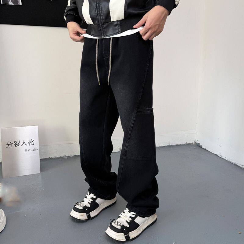 秋冬款松紧腰高弹力牛仔裤男青年抽绳束脚哈伦裤弹性长裤子潮男装