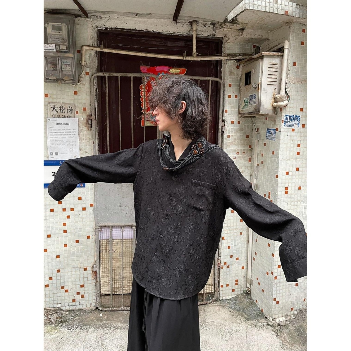 SAAI 叁佰新中式国风唐装衬衫男装秋季黑色订婚外套长袖上衣