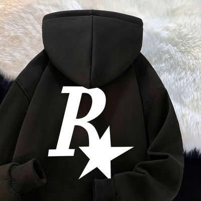 秋冬季加绒加厚连帽卫衣男装百搭款潮牌字母印花美式高街上衣外套