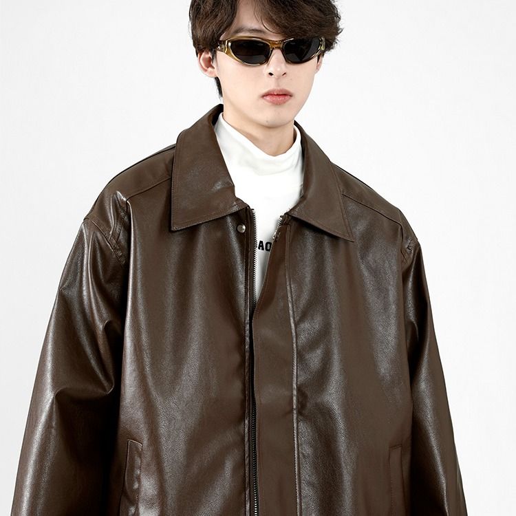 美式复古pu皮衣外套男秋冬棕色男生皮夹秋季男装秋冬皮夹克秋男款