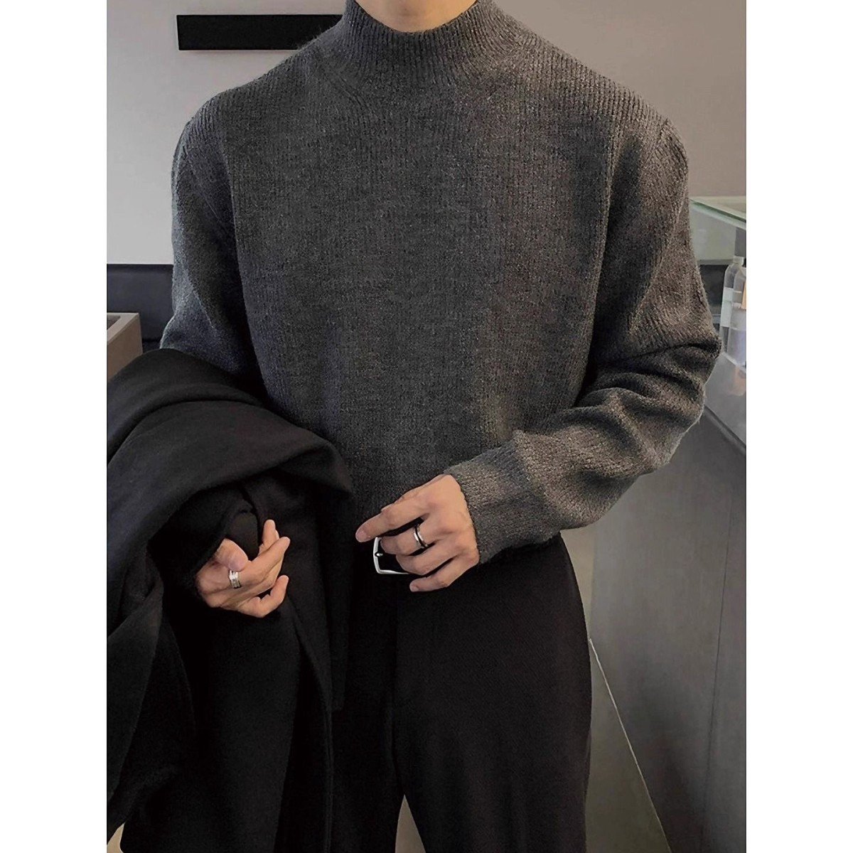 深灰色半高领毛衣男款秋冬成熟稳重男装针织衫西装内搭打底毛线衣