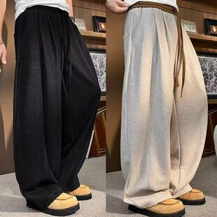 加肥加大码男装休闲裤松紧腰阔腿垂感直筒宽松男士轻熟胖子西装裤