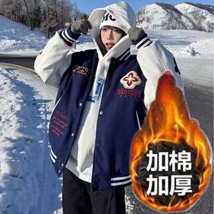 JK10380# 加厚夹棉 毛呢拼接pu皮植绒刺绣潮牌棒球服 M-2XL P60