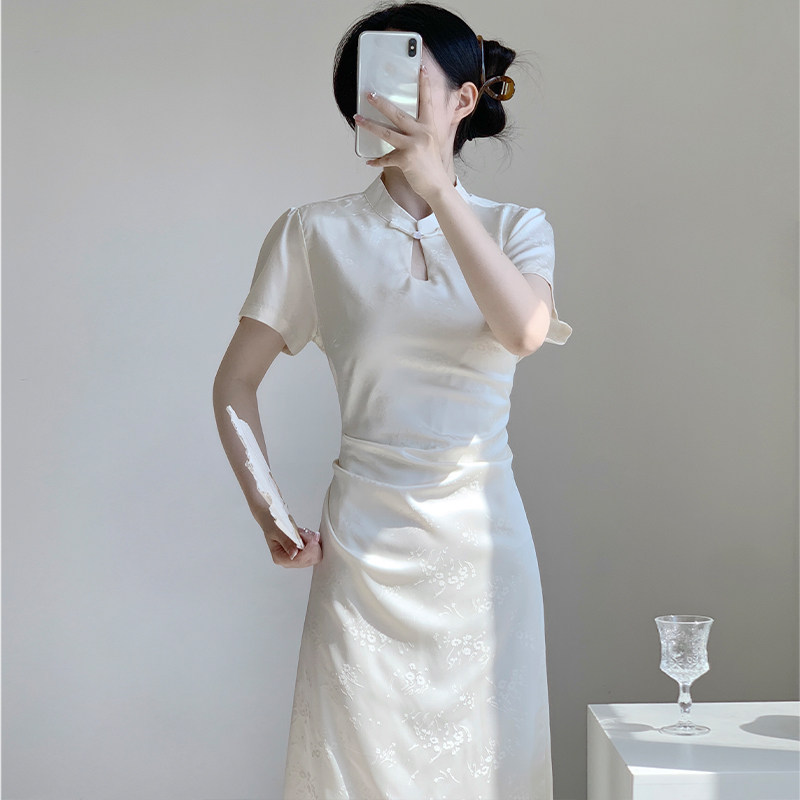 高货白色改良旗袍连衣裙中式国风伴娘服年轻款少后妈包臀长裙