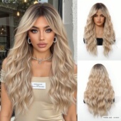 欧美风亚麻金色假发女水波纹长卷发自然蓬松仿全头套日常整顶 Wig