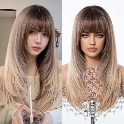 欧美金色层次感假发混血感齐刘海