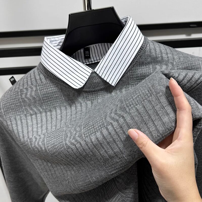 CKMR~经典灰！高端男士假两件衬衫领毛衣冬季加绒加厚针织打底衫