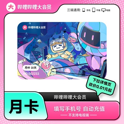 哔哩哔哩大会员月卡1个月卡 bilibili不支持电视【芭芭农场砍价】