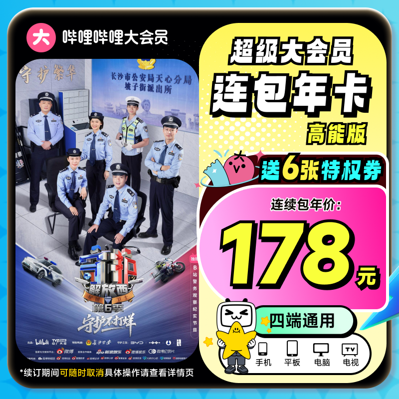 哔哩哔哩超级大会员连包年卡 高能版自动续订 支持电视