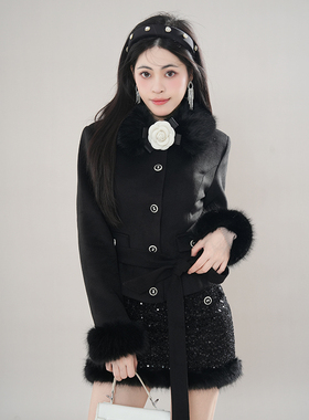 千金风毛呢拼接毛领外套+半裙套装冬季新款高级感加厚两件套女