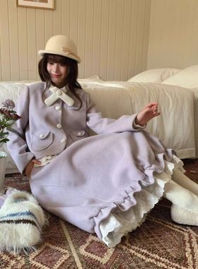 法式复古画报风香芋紫毛呢外套+半裙套装女2025秋冬新款显瘦穿搭