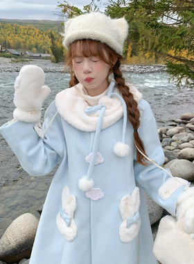 甜美可爱少女感蓝色小兔子毛呢外套女秋冬季小个子中长款呢子大衣