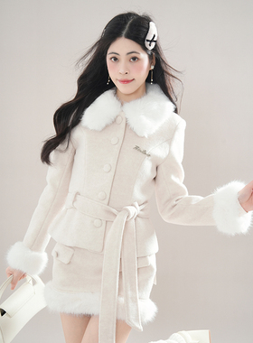 财阀千金感 米色小香风毛领重工收腰毛呢外套+包臀裙套装女冬新款