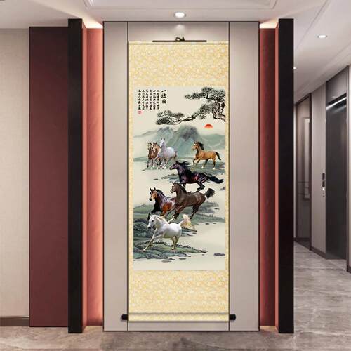 徐悲鸿马图马到成功骏马办公室字画客厅装饰画国画卷轴玄关八骏图