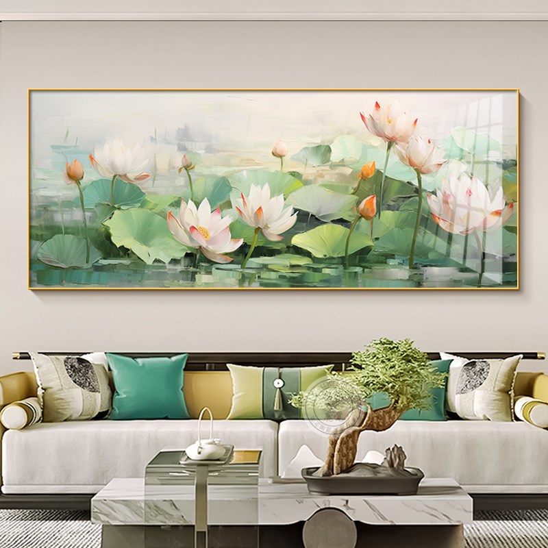 极速荷花挂画客厅沙l发背景墙装饰画现代简约2025新款荷气生财莲图片