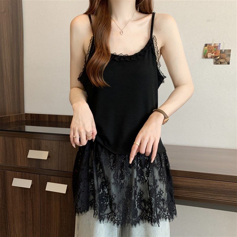 极速白色蕾丝g屁帘下摆吊带背心女外穿夏季大码胖mm内搭打底中长