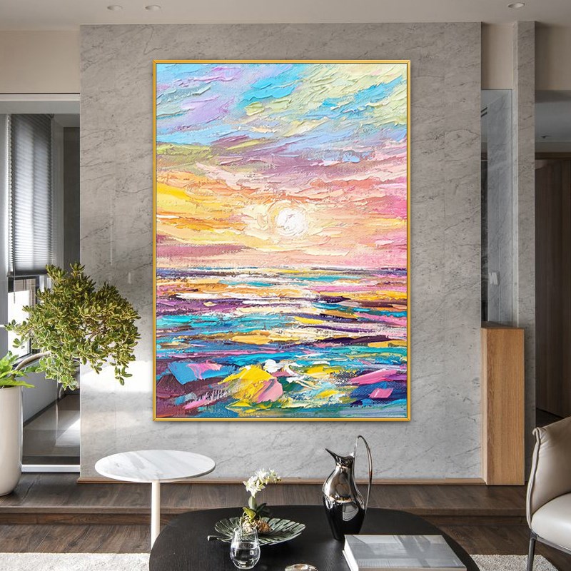极速手绘油画立体l刀画现代餐厅挂画日出海边轻奢玄关背景墙装饰图片