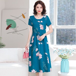 中年妈妈装 中长款 夏装 棉绸连衣裙中老年J女装 洋气裙子202 短袖 新品
