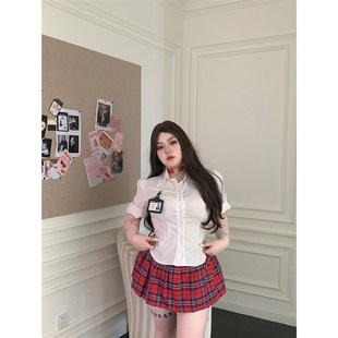 极速甜崽颖宝【涩谷辣妹】美式y学院风微胖jk制服衬衫大码女红色