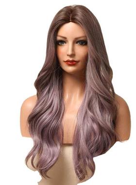极速白人假发女 长发自然紫色w挑染长卷发欧美风大波浪中分wigs全