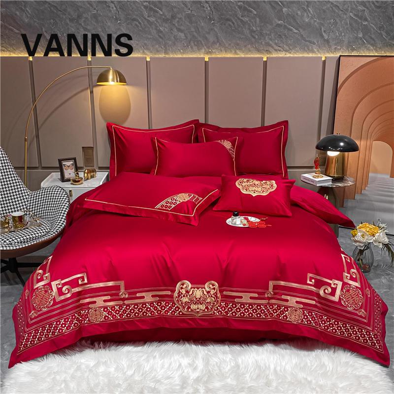极速vanns新婚庆牀上用品纯棉被套全棉结婚四件套大Y红色欧式牀单