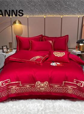 极速vanns新婚庆牀上用品纯棉被套全棉结婚四件套大Y红色欧式牀单