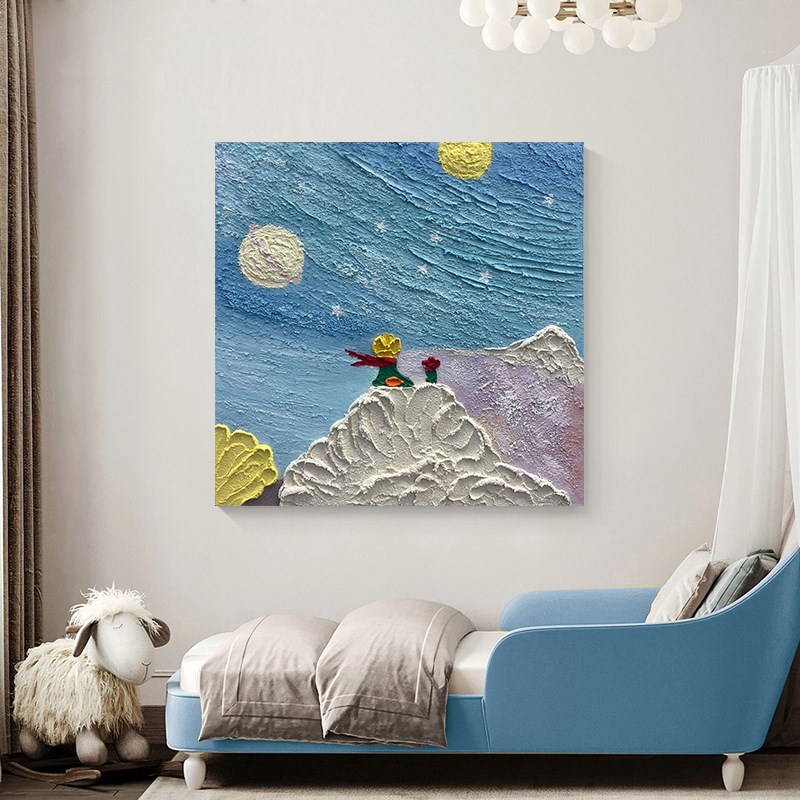 极速手绘油画小王k子星空方形儿童房书房挂画轻奢客厅装饰画玄关图片