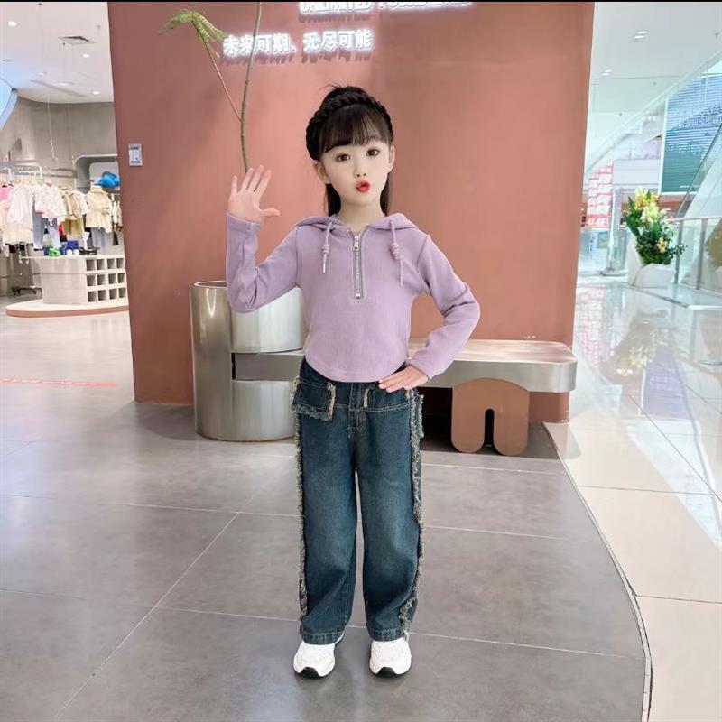 极速女童套装秋季2023新款洋派C儿童连帽运动衫设计感毛边牛仔裤