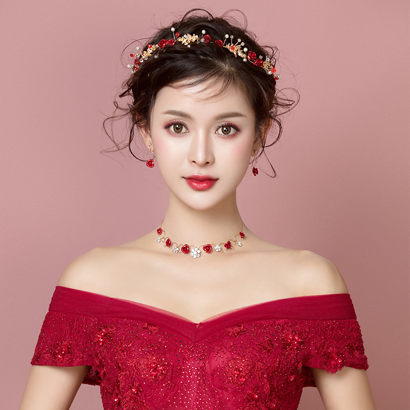 新品新娘结婚头饰韩式森系仙美发箍项链耳M环三件套装婚礼敬酒服