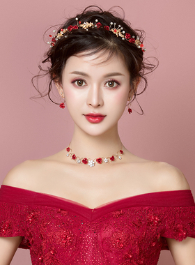 新品新娘结婚头饰韩式森系仙美发箍项链耳M环三件套装婚礼敬酒服