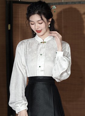 新品新中a式马面裙上衣提花改良汉服立领衬衣中国风白色长袖衬衫