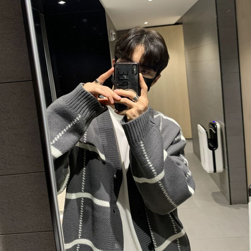 美式慵懒chic毛衣男秋冬开衫V领针织衫外套日系复古线衣oversize