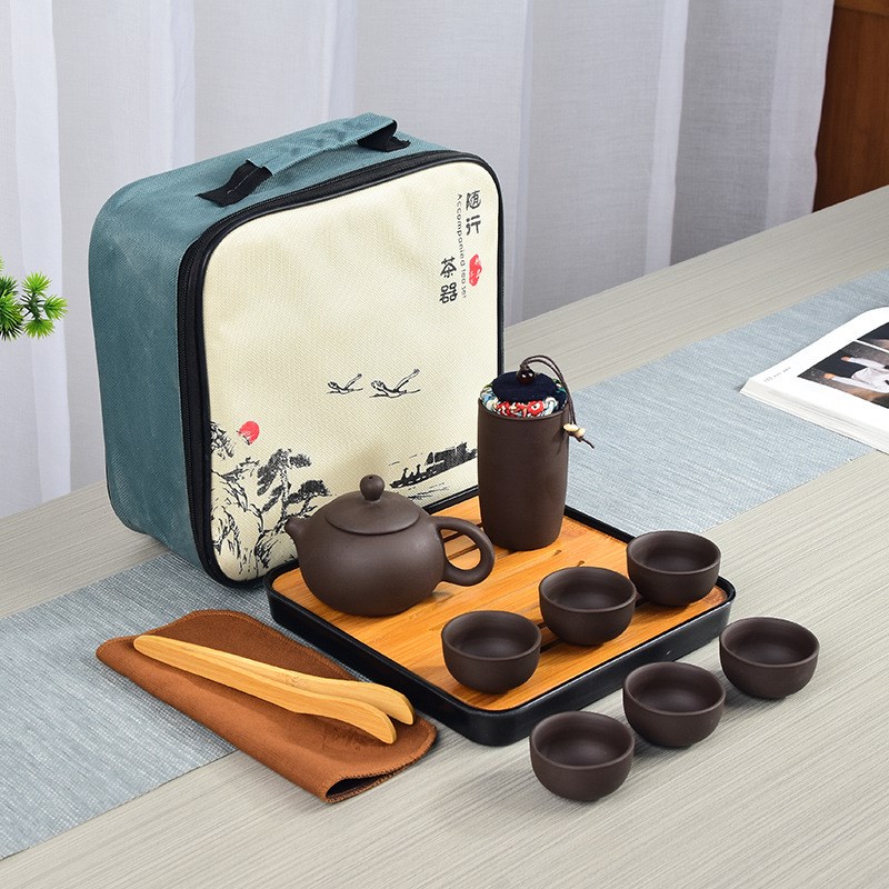现货速发?72紫砂旅行茶具一壶四杯陶瓷茶具带茶叶罐户外便携茶具