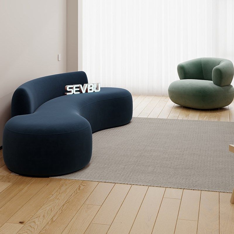 速发蓝色设计形户型圆弧小轻奢布艺人发双沙沙发简约客厅多人