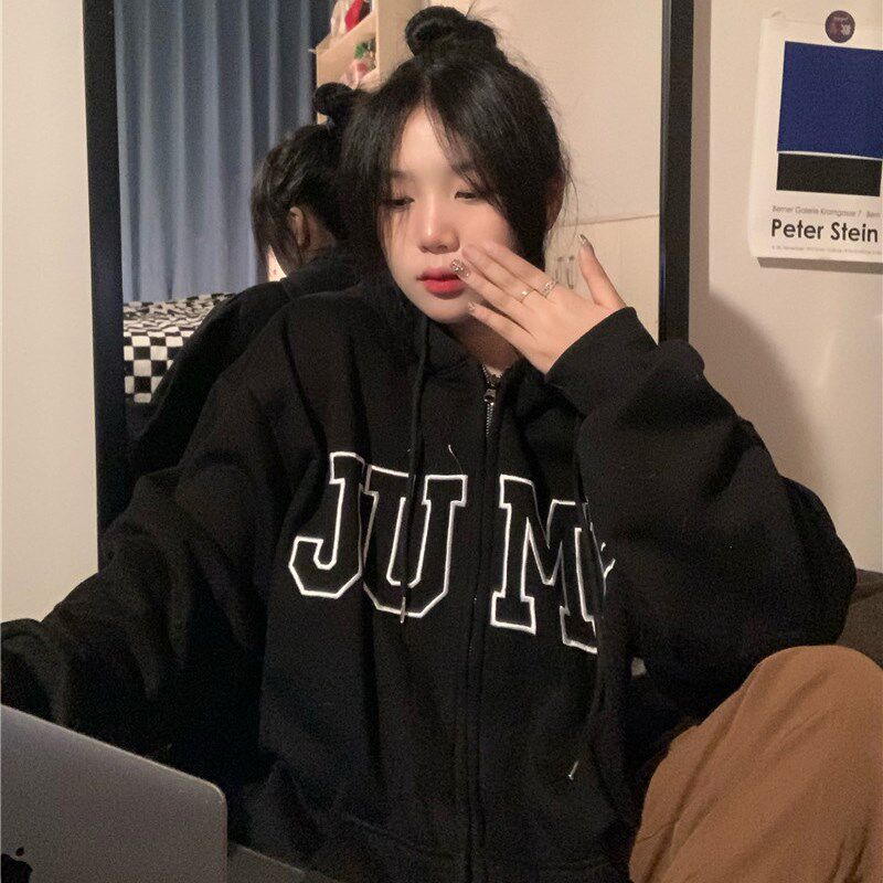 现货大码加绒hiphop连y帽开衫卫衣女嘻哈情侣秋冬宽松上衣