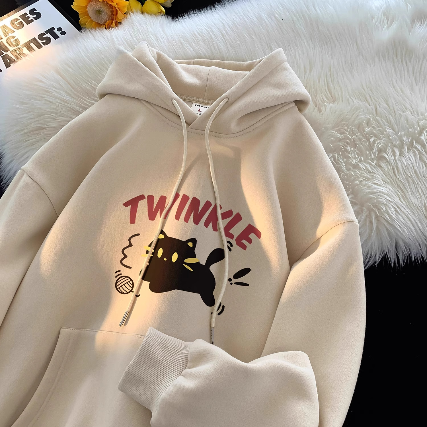 中大童猫咪连帽卫衣男女童秋冬加绒加厚儿童装卡通时髦外套上衣服