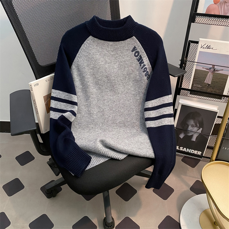男女童拼接撞色圆领羊毛针织衫潮