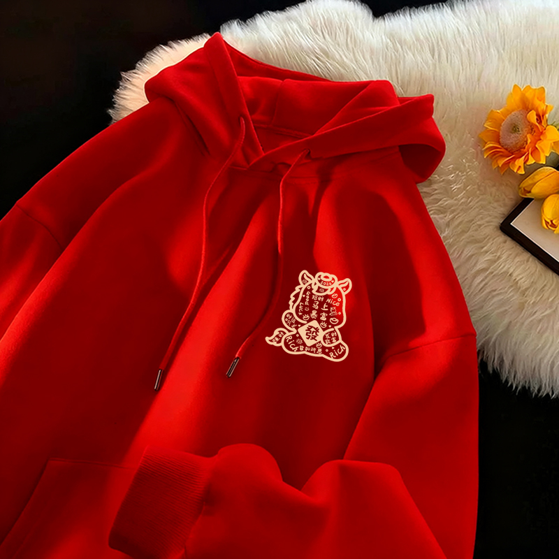 儿童马年新年红色连帽卫衣男女童