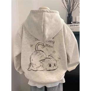 男女童卡通貓咪連帽衛(wèi)衣春秋冬日系可愛中大兒童加絨加厚帽衫 外套