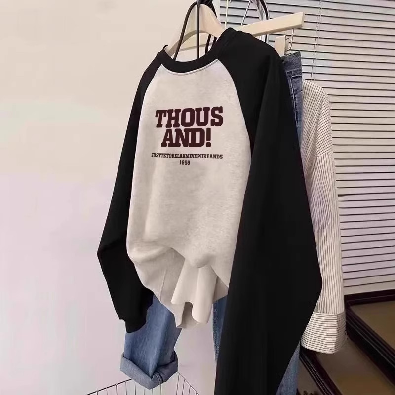 儿童装拼接撞色圆领卫衣男女童秋冬加绒加厚卡通印花长袖打底上衣