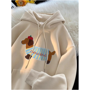 中大童腊肠狗印花连帽卫衣男女童秋冬洋气时髦加绒加厚儿童外套潮