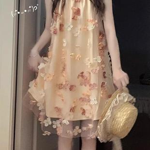 法式 甜美少女小个子海边度假氛围感裙子 浪漫无袖 挂脖连衣裙女夏季