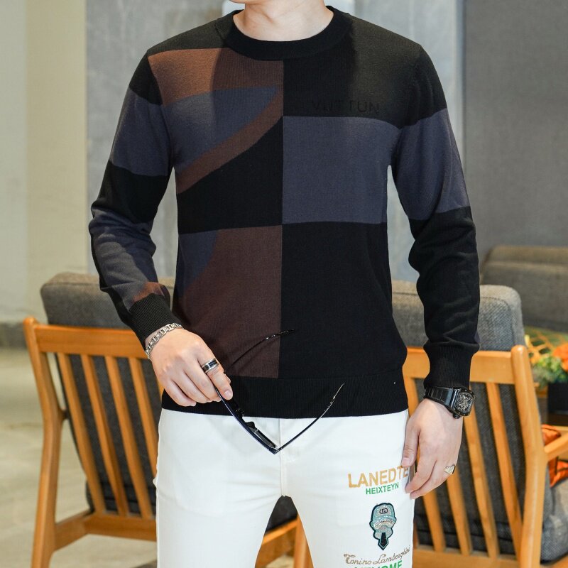 撞色几何图案针织衫男圆领长袖修身痞帅毛衣打底衫